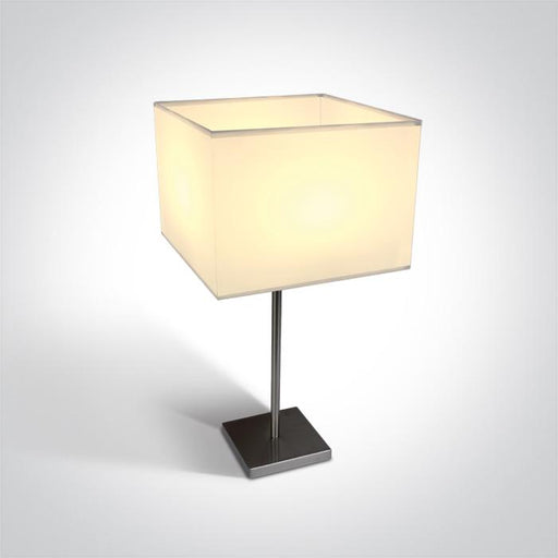 BRUSHED CHROME TABLE LAMP 40W E27 WHITE SHADE.