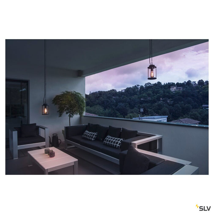 PHOTONIA, outdoor pendant, E27, anthracite, IP44, incl. 5m chain and connecting cable with open end, max.60W